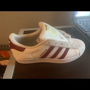 Burgundy Striped Adidas Superstars